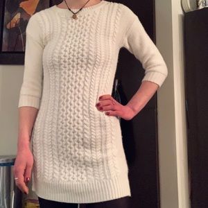 Cream Ribbed Knit 3/4 Sleeves Sweater Dress